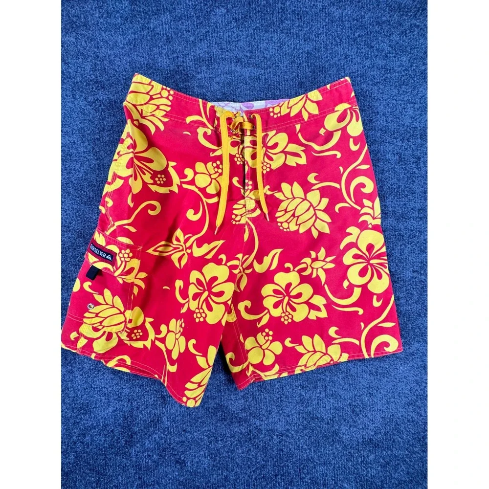 Vintage Quiksilver‎ Board Shorts Mens 33 Red Yellow Hibiscus Floral Y2K USA